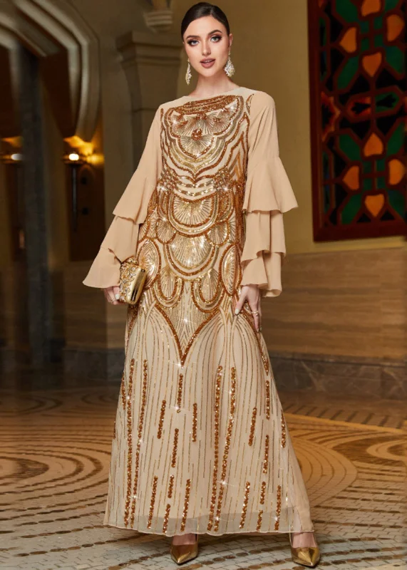 French Gold Embroideried Sequins Chiffon Maxi Dresses Butterfly Sleeve Sleek Sequin Dress