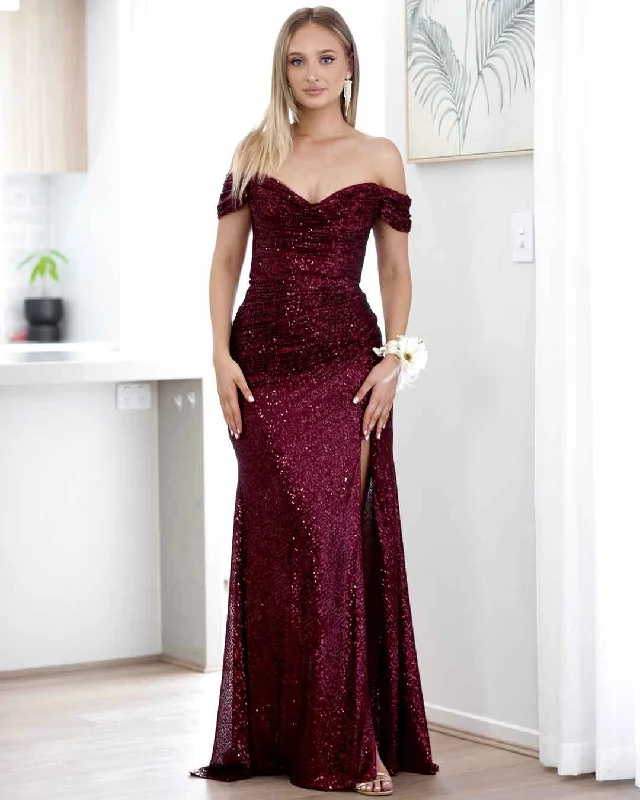 Bellatrix Off Shoulder Sequin Gown - Wine Sexy Sequin Dress