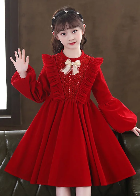 Lovely Red Ruffled Sequins Patchwork Warm Fleece Baby Girls Dress Winter Elegant Glitter Sequin