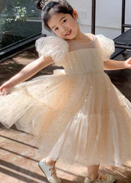 Beautiful Apricot Wrinkled Sequins Patchwork Tulle Kids Girls Dresses Summer Sequin Slip Dress