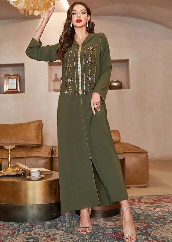 Fitted Blackish Green Sequins Patchwork Hooded Long Dresses Long Sleeve Sequin Party Dress