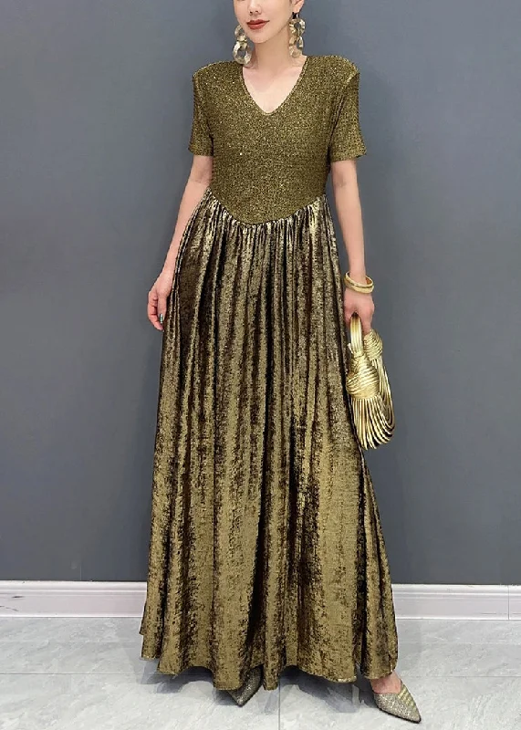 Vogue Gold V Neck Sequins Long Dresses Summer Silver Sequin Dress