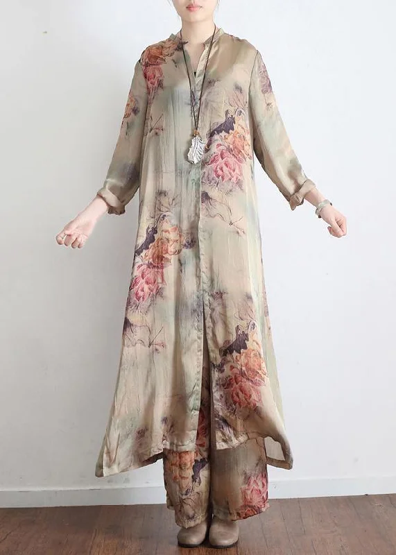 2024 Spring Loose Print Silk Satin Split Long Sleeve Shirt + Wide Leg Pants