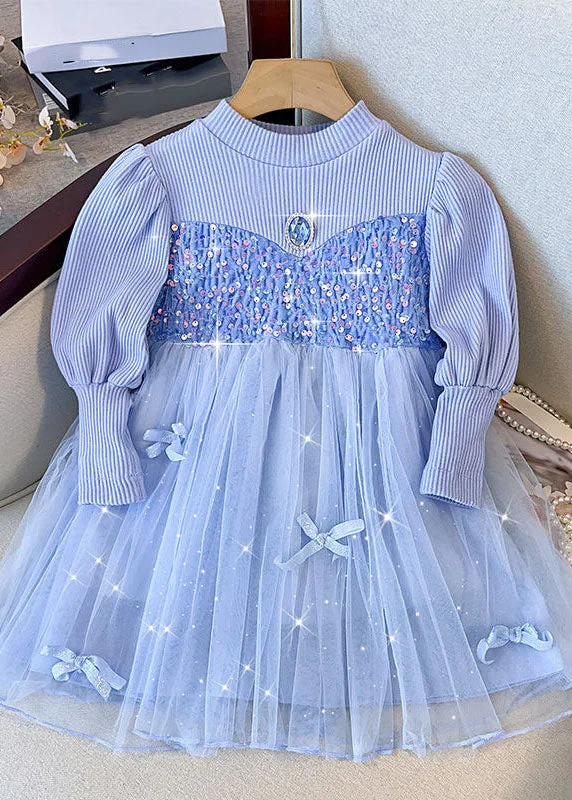 Fine Blue Knit Patchwork Sequins Diamond Tulle Girls Long Dress Fall Off-shoulder Sequin