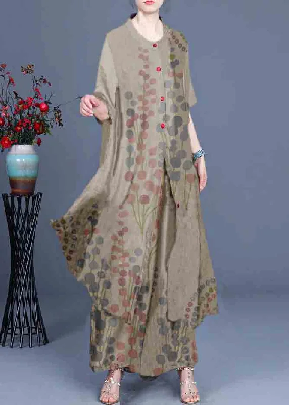 Summer 2024 Loose Silk Grey Flowers Print Coat + Two Piece Pants