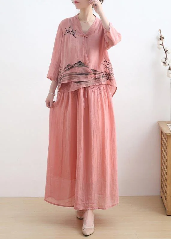 Birds Over The Clouds- Pink Oriental Summer Linen Outfit Blouse & Pants Two Pieces Set