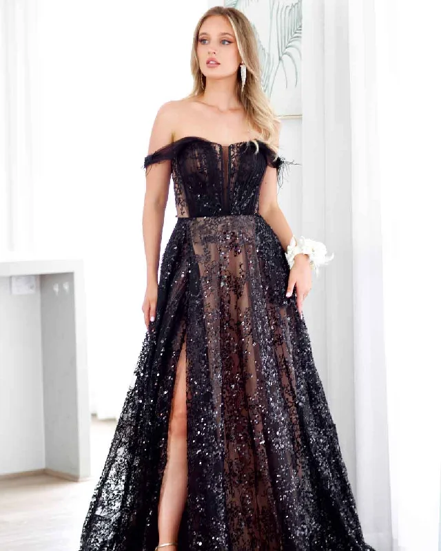 Aisha Feather Sequin Gown - Black and Nude Beautiful Sequin Dress