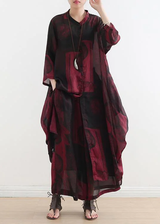 2024 fashion suit large size was thin red printed chiffon female wide-leg pants two-piece suit