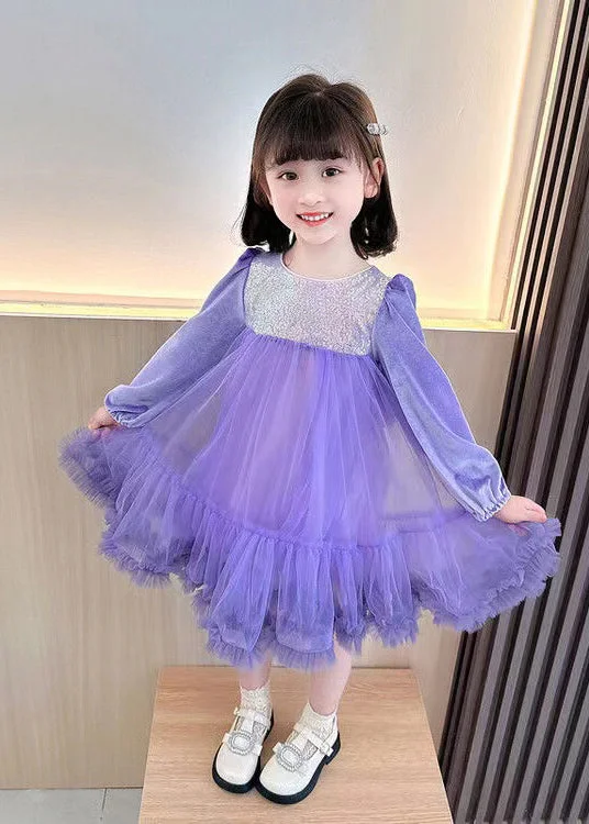 Boutique Purple Sequins Ruffled Patchwork Tulle Kids Girls Robe Dresses Fall Elegant Sequin Dress