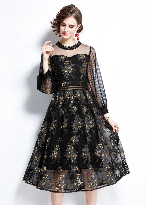 Women Black Embroideried Sequins Patchwork Hollow Out Tulle Dress Fall Sequin Dress Midi