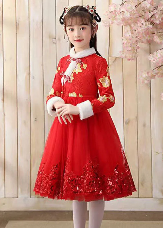 Elegant Red Fur Collar Sequins Patchwork Button Tulle Girls Long Dress Winter Sequin Dress Long