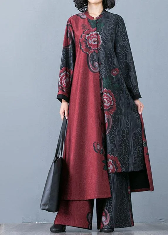 2024 autumn large size retro red print long section cardigan top loose wide leg pants two-piece suit