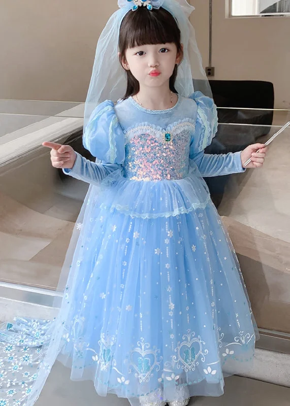 Cute Blue Ruffled Sequins Patchwork Tulle Kids Girls Princess Dresses Fall Classy Sequin Dress