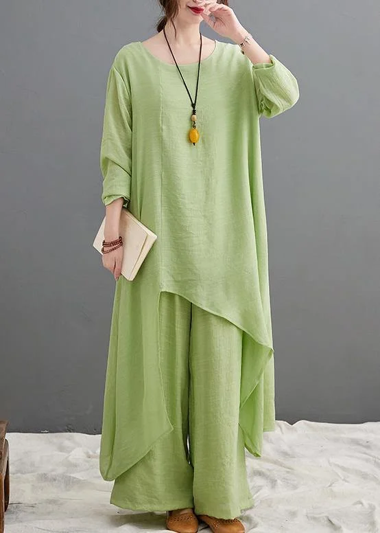 Green Suit Spring Long Top Casual Wide Leg Pants Two Pieces