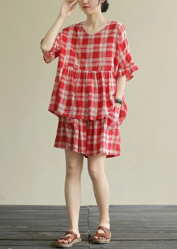 Literary loose round neck stitching top elastic red check pants suit