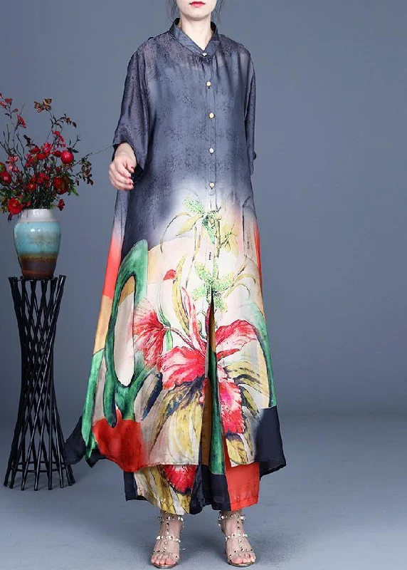 2024 Summer Black Large Loose Print Tencel Long Shirt + Two Piece Wide Leg Pants Set