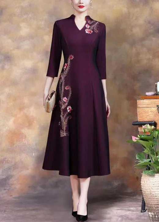 Women Purple Embroidered Sequins Cotton Long Dress Fall Sequin Dress Look