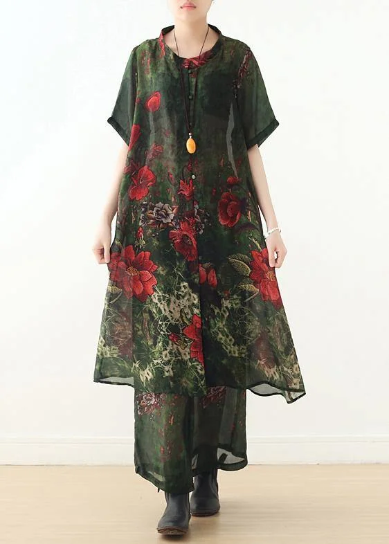 New original silk printed large size long coat loose wide leg pants green two-piece