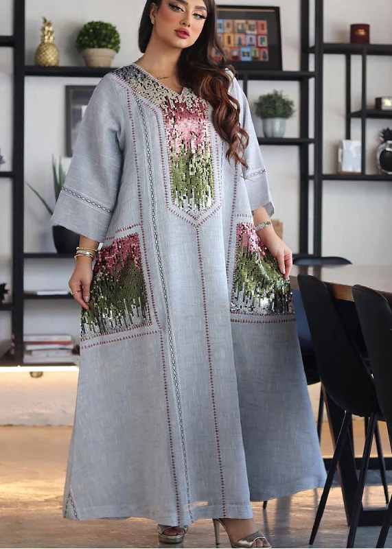 New Grey Ethnic Style Sequined Embroidered V Neck Long Dress Formal Sequin Dress