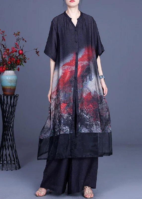 2024 Black Print Cardigan + Wide Leg Pants Two Piece Set