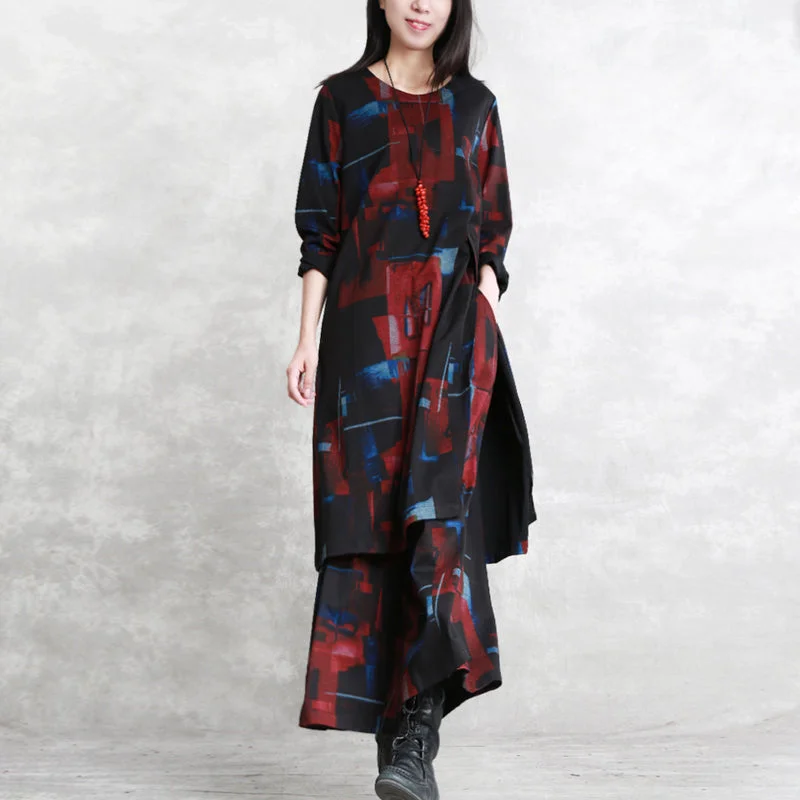 women black red print pure cotton blended two picese plus size New long sleeve asymmetrical design o neck and baggy pants