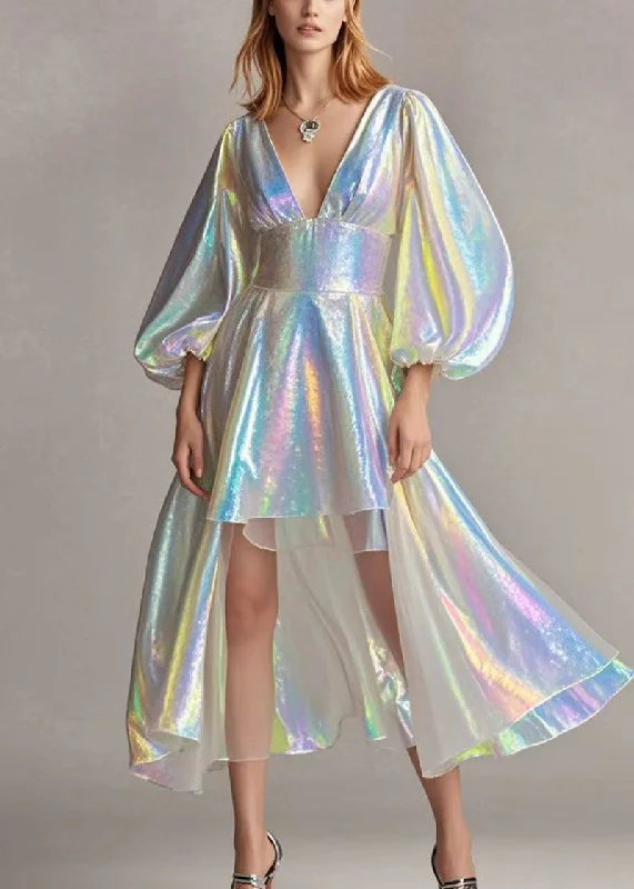 Modern Pearl White Deep-V Neck Low High Design Sequins Dresses Lantern Sleeve Vintage Sequin Dress