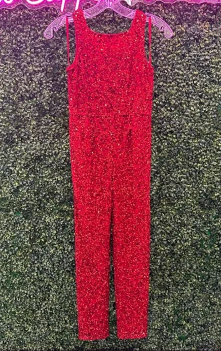 Ashley Lauren Kids 8025 Size 4 RED Girls Fully Beaded Jumpsuit Sequin Straight Pants