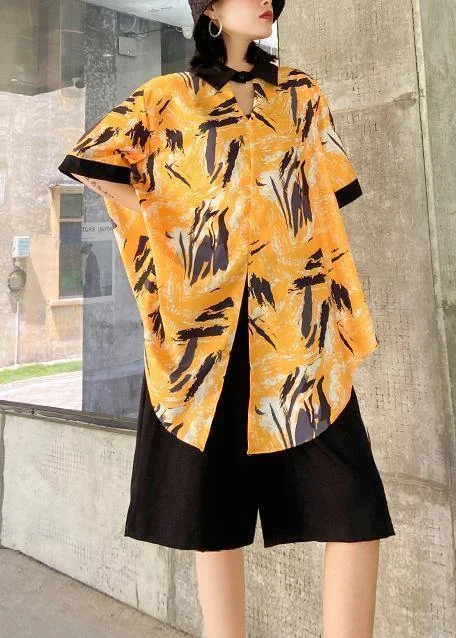 New female plus size casual yellow printed shirt + five-point pants two-piece suit