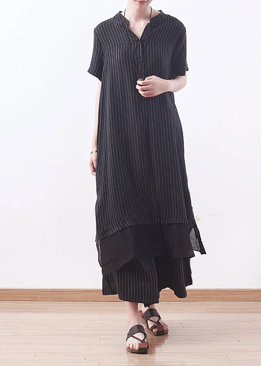 DIY black striped tops outfit Vintage Inspiration v neck wide leg pants A Line Summer two pieces