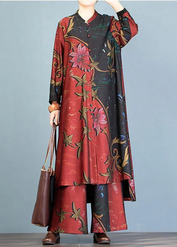 Autumn large size retro long coat jacket loose wide leg pants red printed two-piece suit