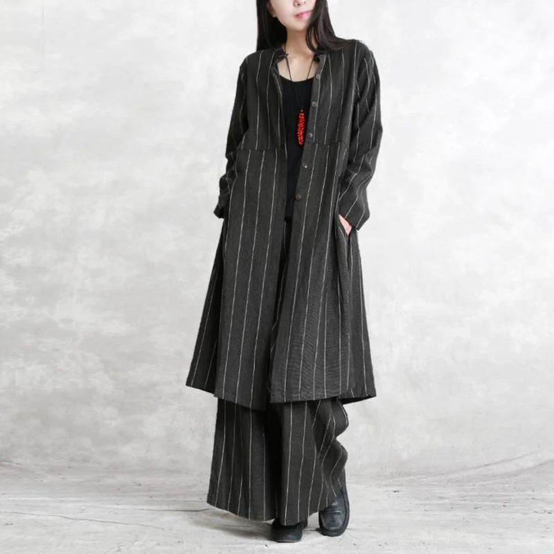 Fine dark gray striped linen blouse plus size linen two pieces Fine long sleeve pockets patchwork cotton tops and vintage baggy pants