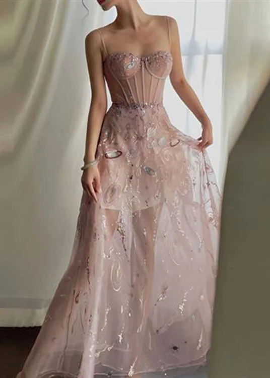 Sexy Pink Embroideried Sequins Slim Fit Tulle Maxi Dresses Sleeveless Sequin Dress Sparkle