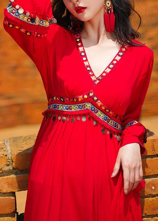 Beach Red V Neck Tasseled Sequins Patchwork Chiffon Exra Large Hem Dresses Fall Gold Sequin Dress