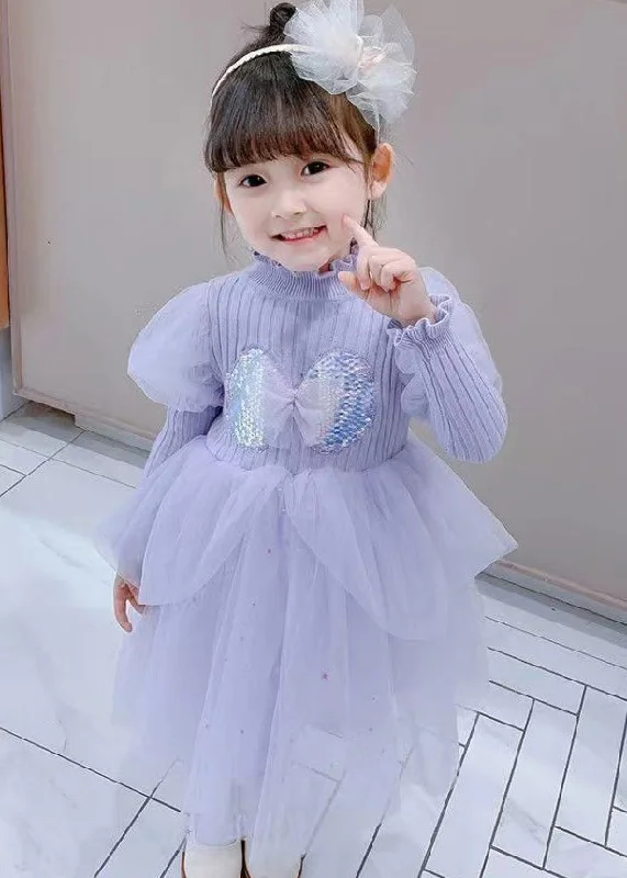 Cute Purple Ruffled Sequins Patchwork Warm Fleece Kids Girls Dress Winter Ruched Sequin Dress