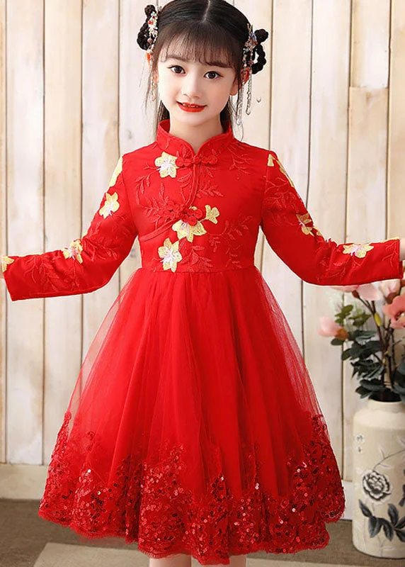 Red Stand Collar Sequins Tulle Kids Maxi Dress Long Sleeve Pink Sequin Gown