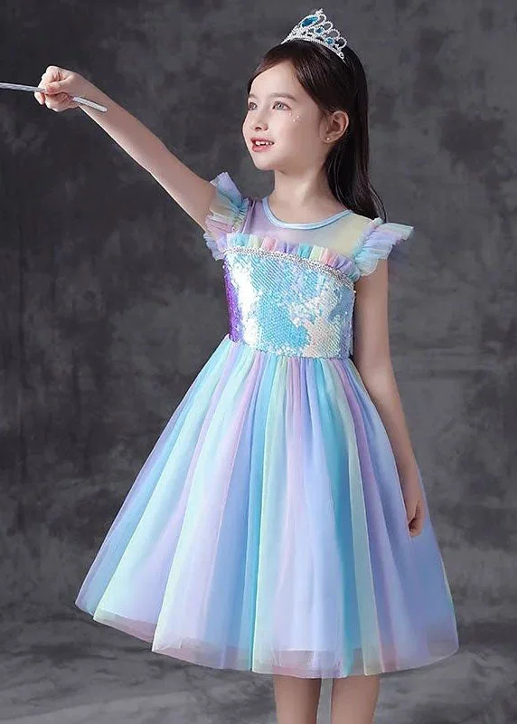 Art Blue Gradient Ruffled Sequins Patchwork Tulle Kids Girls Dresses Summer Sequin Backless Dress