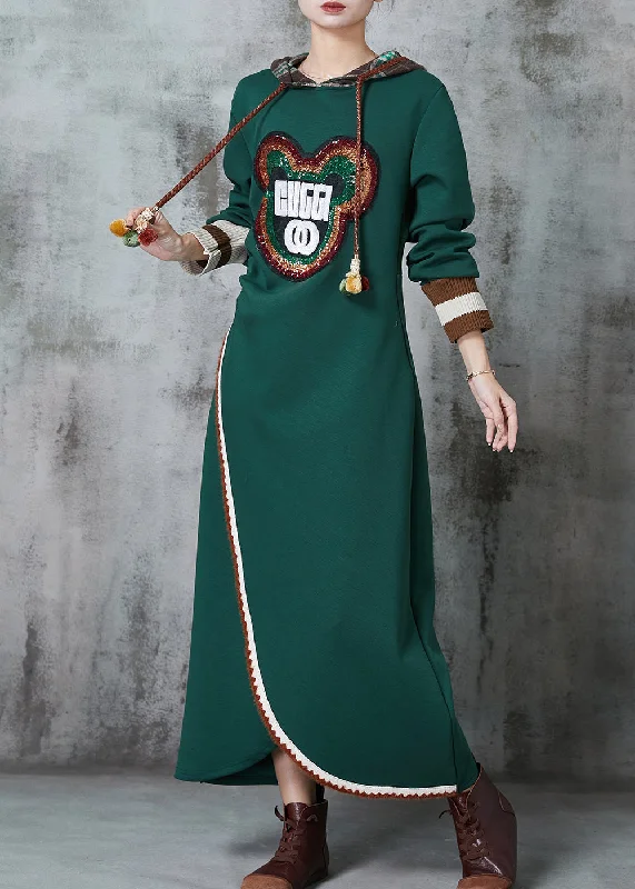 Bohemian Green Bear Sequins Patchwork Cotton Sweatshirt Dress Spring Sequin Backless Dress