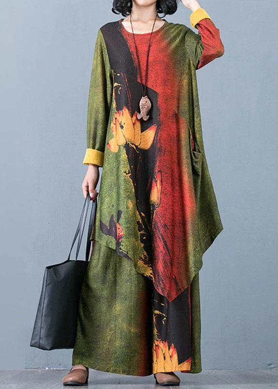 2024 Large Size Women's Chiffon Irregular Long Section Top Loose Wide Leg Pants Green Printed Two-piece Suit