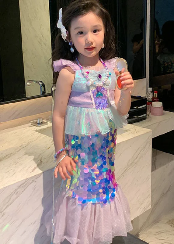 Chic Purple Ruffled SequinsPatchwork Tulle Baby Girls Fish Tail Dress Summer V-neck Sequin Dress