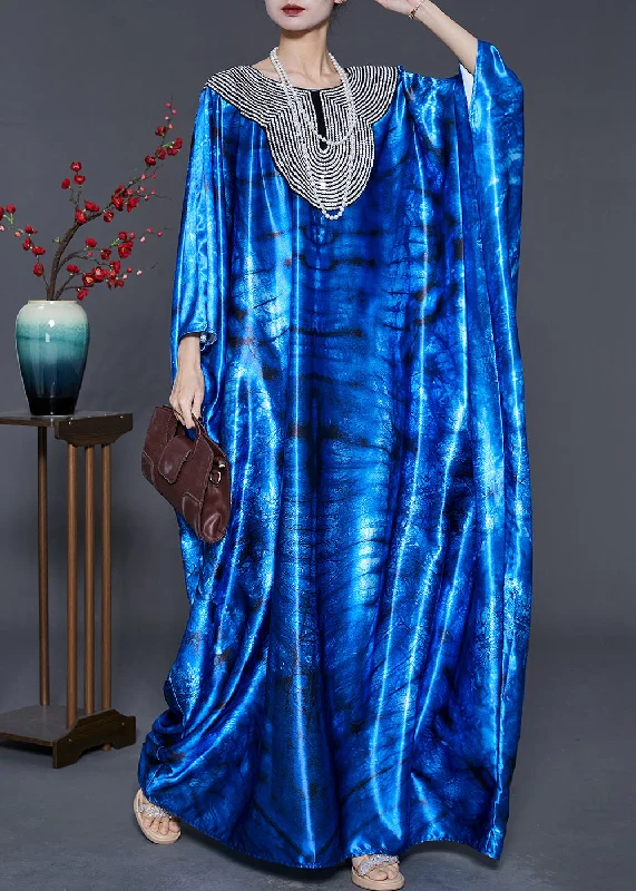 Women Blue Sequins Tie Dye Silk Holiday Dress Summer Sequin Shift Gown