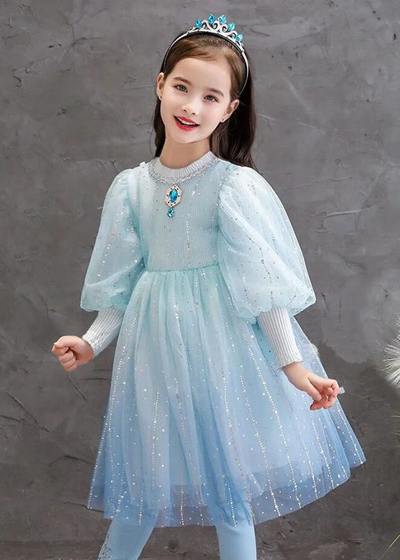 Stylish Blue O Neck Sequins Patchwork Tulle Baby Girls Princess Dress Fall Bodycon Sequin Dress