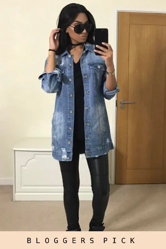 Light Denim Oversized Distressed Denim Jacket - Tilly Women's insulated jackets