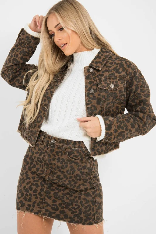 Brown Leopard Print Crop Denim Jacket - Hartlee Women's budget jackets