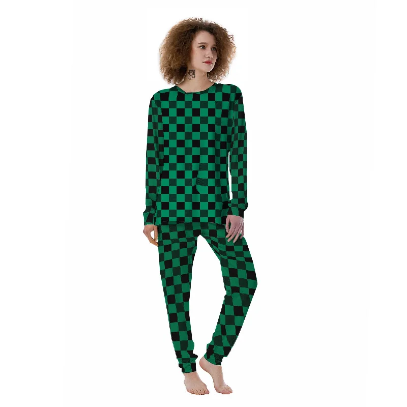 Green Forest And White Checkered Print Women's Pajamas Spa pajama sets