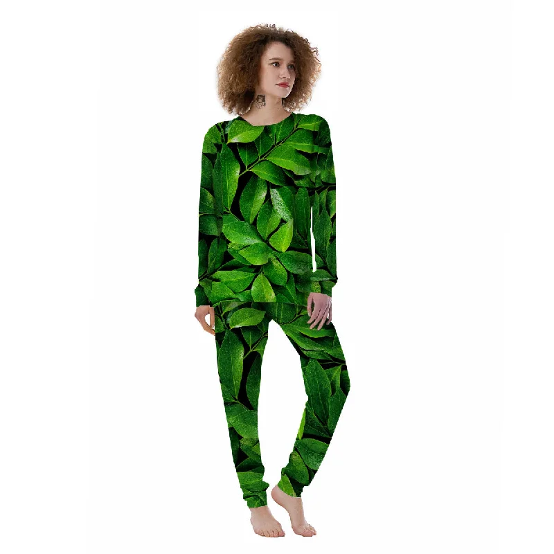 Green Leaf Print Women's Pajamas Travel pajama sets