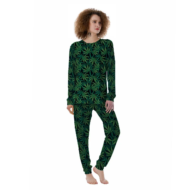 Hemp Dark Green Print Pattern Women's Pajamas Sleeveless pajama sets