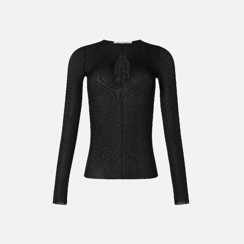 Nensi Dojaka for Calvin Klein Long Sleeve Sheer Knit Top - Black Date night sweaters