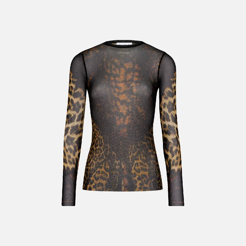 Jean Paul Gaultier Mesh Long Sleeve Printed Top With Lace - Leopard Best sweaters for formal occasions