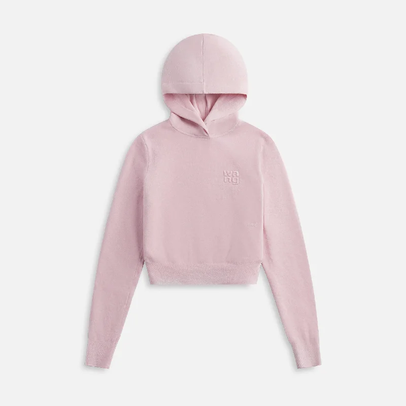 T by Alexander Wang Cropepd Long Sleeve Hoodie with Embossed Logo - Light Pink Elegant sweaters