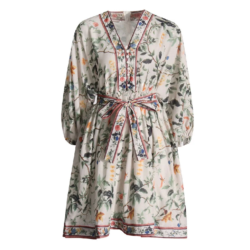 Boho Style V Neck Blouson Sleeve High Waist Belted Floral Print Mini Dress Satin mini dresses